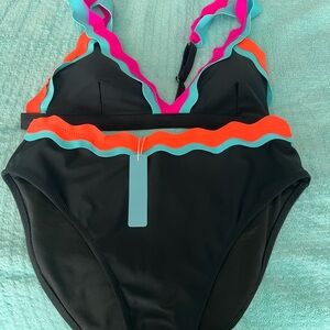 Vibrant Black Bikini with Colorful Ruffle Trim